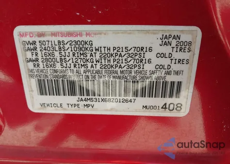 2008 Mitsubishi Outlander Ls z USA, uszkodzony, nr VIN JA4MS31X68Z012647